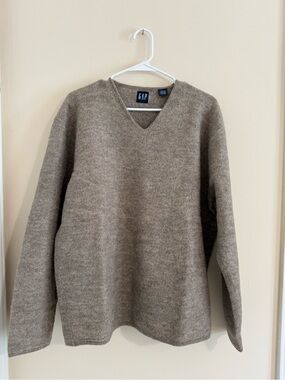 GAP V-Neck 100% Wool Boxy Sweater in Taupe Heather Mens Large VTG 90s